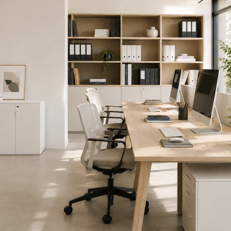 Organisation des espaces professionnels – Poppy Reset Home Espace de bureaux organisé avec postes de travail et rangements