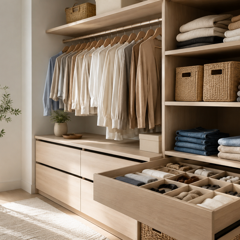 Dressing organisé – Poppy Reset Home Dressing organisé avec vêtements et accessoires soigneusement rangés